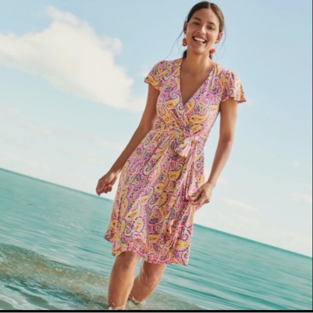Boden Pink /Yellow Paisley Faux Wrap Midi Dress Jersey Size 14 NWT summer Vaca